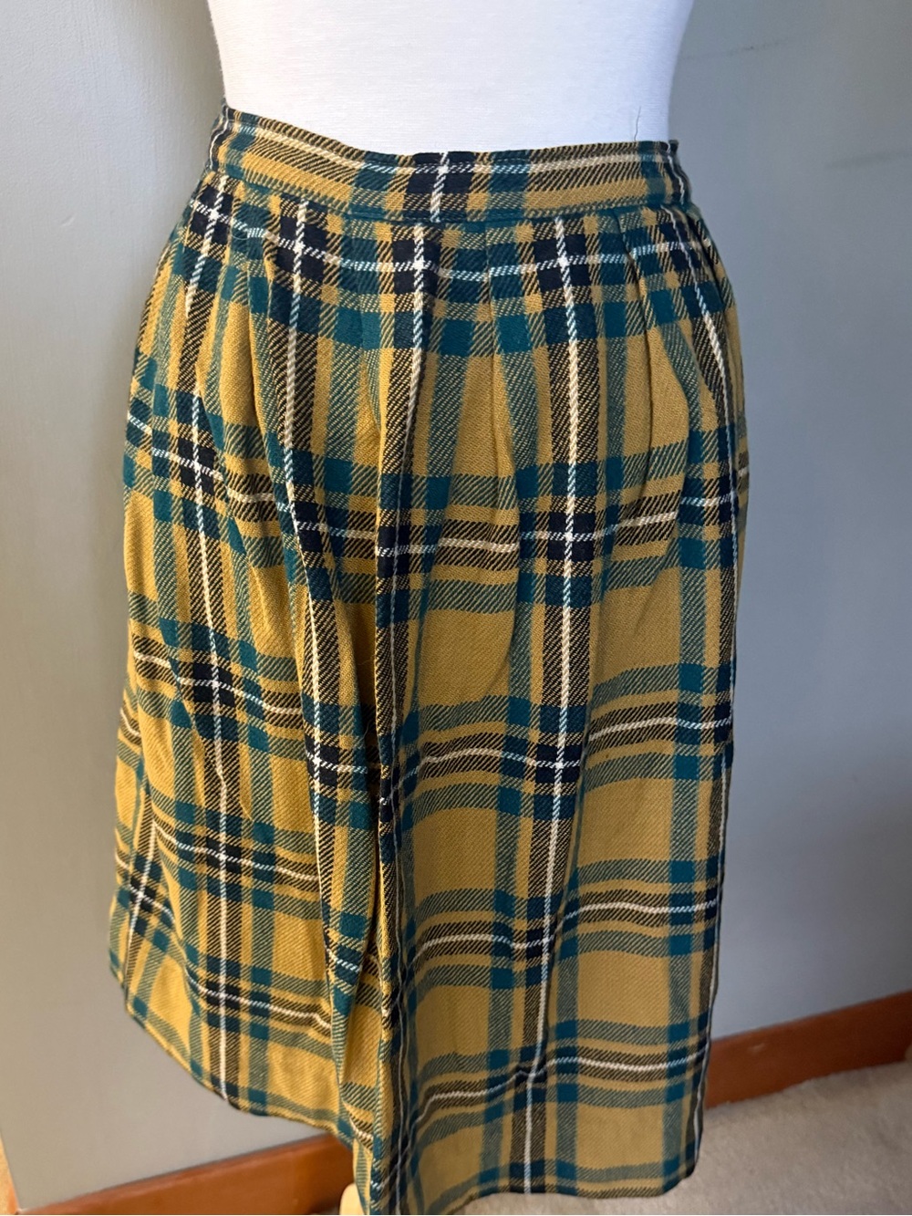 Plaid Wool Blend Midi Skirt Mustard Teal High Waist Cottagecore Vntg Handmade - Picture 3 of 11